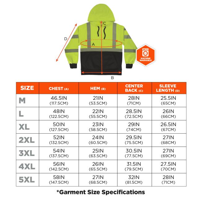 Size chart. Medium M Chest 46.5IN 117.5CM Hem 21IN 53.5CM Center Back 28IN 71CM Sleeve Length 25.5IN 65CM. Large L Chest 48IN 122.5CM Hem 22IN 55.5CM Center Back 28.5IN 72.5CM Sleeve Length 26IN 66CM. Extra Large XL Chest 50IN 127.5CM Hem 23IN 58.5CM Center Back 29IN 74CM Sleeve Length 26.5IN 67CM. 2X Large 2XL Chest 52IN 132.5CM Hem 24IN 60.5CM Center Back 29.5IN 75.5CM Sleeve Length 27IN 68CM. 3X Large 3XL Chest 54IN 137.5CM Hem 25IN 63.5CM Center Back 30.5IN 77.5CM Sleeve Length 27IN 69CM. 4X Large 4XL C