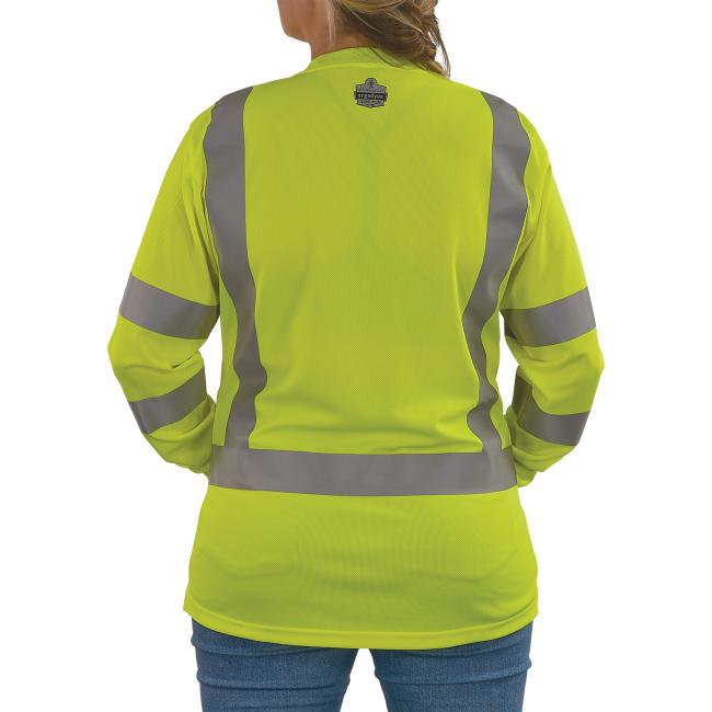 Back of lime class 3 womens hi-vis long sleeve t-shirt on model