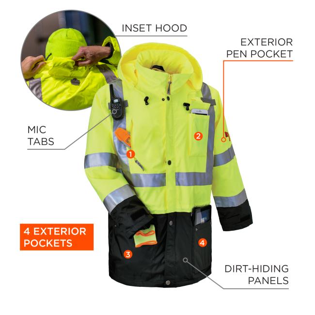 Inset hood. Mic tabs. Exterior pen pocket. 4 exterior pockets. Interior pocket. Dirt-hiding panels .