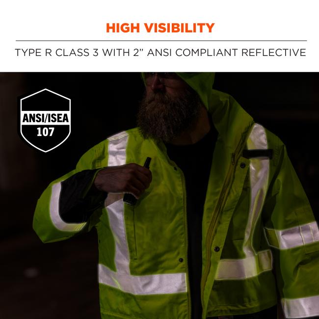 High visibility: type r class 3 with 2 inches of ANSI/ISEA 107 compliant reflective