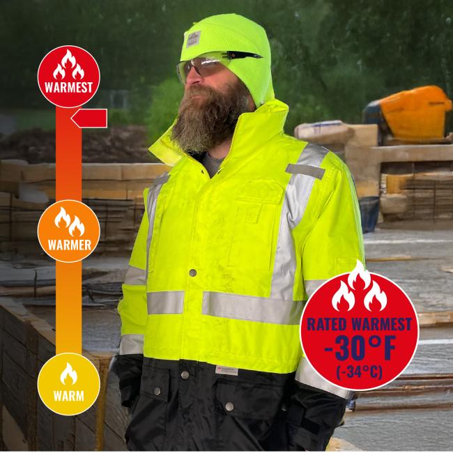 Jacket is rated warmest to -30 degrees fahrenheit or -34 degrees celsius for up to 5 hours of moderate work.