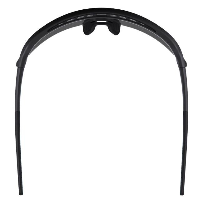 Overhead view of black frame smoke lens high contrast safety glasses