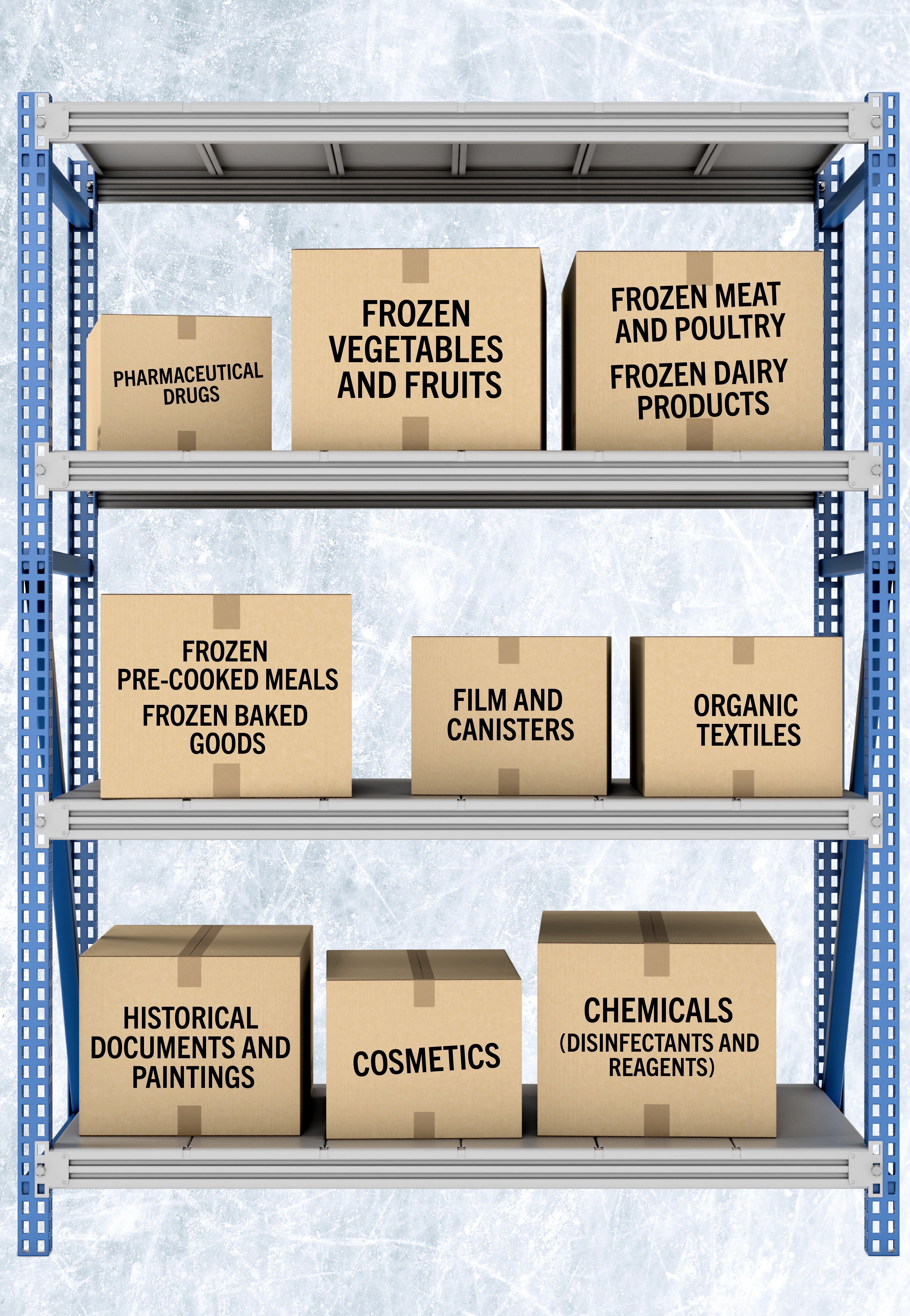 Boxes of frozen product types including: frozen pre-cooked meals, frozen baked goods, film, cannisters, organic textiles, historical documents, paintings, cosmetics, chemicals, disinfectants and reagents