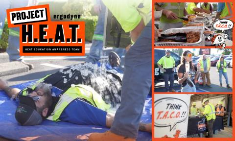 Heat education awareness team talking heat safety and showing the TACO method