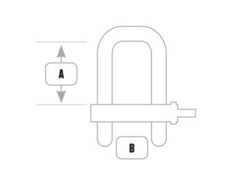 A: Measures the height of shackle. B: measures the width of shackle. Ensure your tool will fit into shackle by referencing size chart below. 